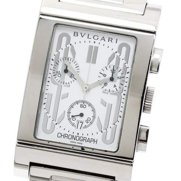 BVLGARI Other - BVLGARI Rettangolo RTC49S Date Chronograph White Dial Quartz Men's Watch_884169